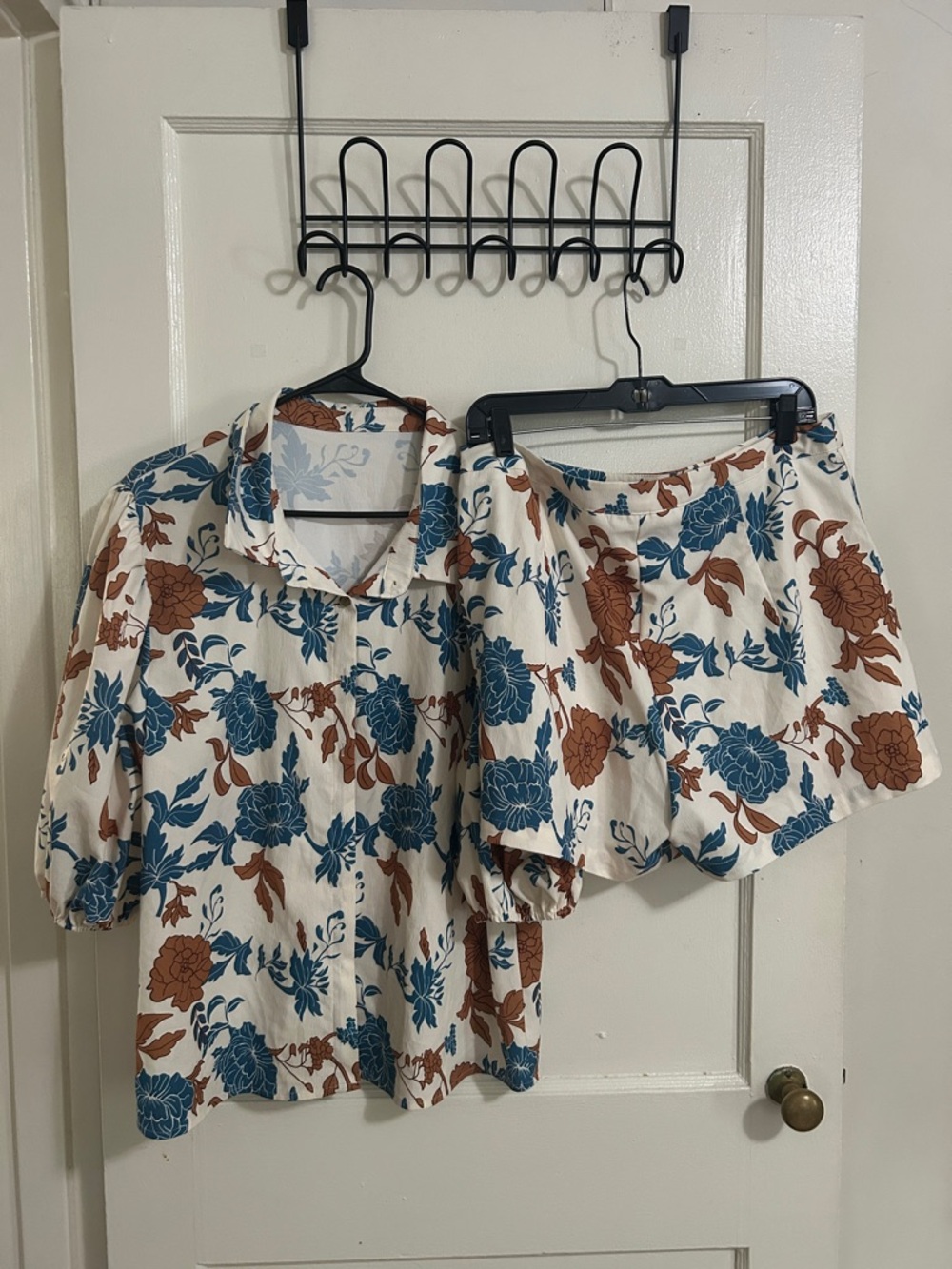 Floral Two-Piece Set — Cream with Blue & Rust Flowers